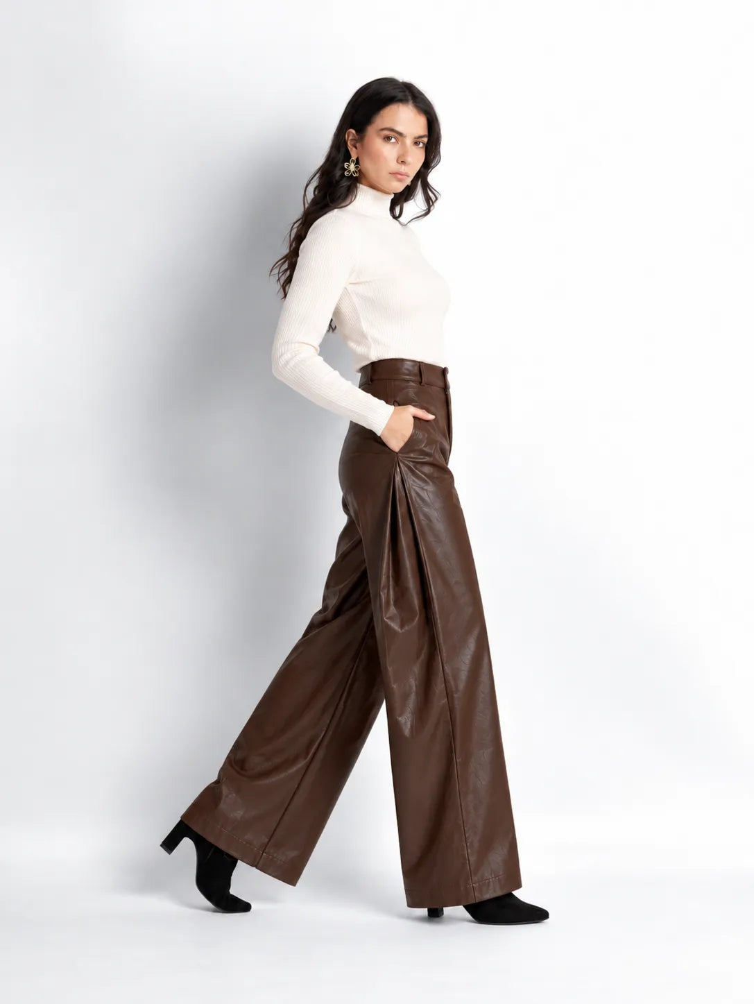 Dark Brown Faux Leather Wide-Leg Pants
