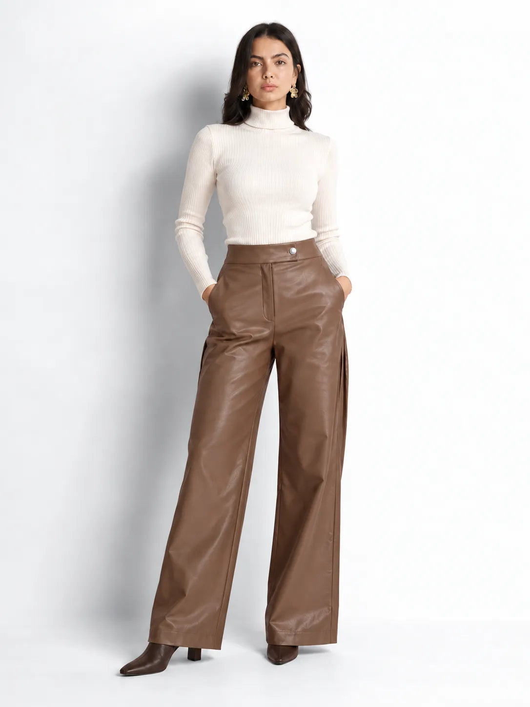 Coffee Brown Faux Leather Wide-Leg Pants