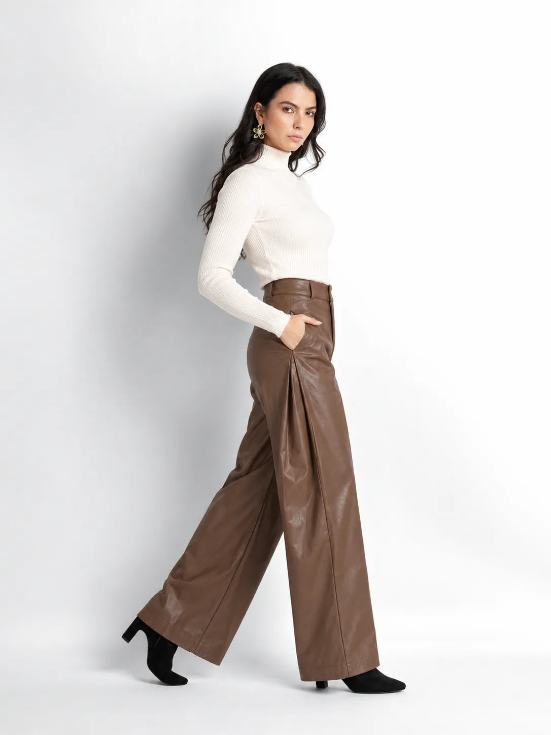 Coffee Brown Faux Leather Wide-Leg Pants