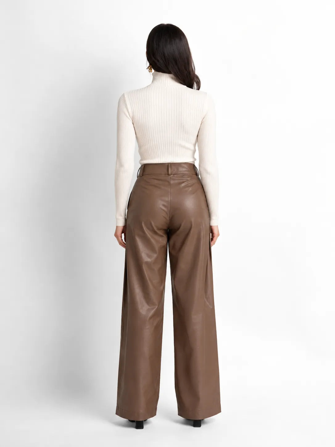 Coffee Brown Faux Leather Wide-Leg Pants