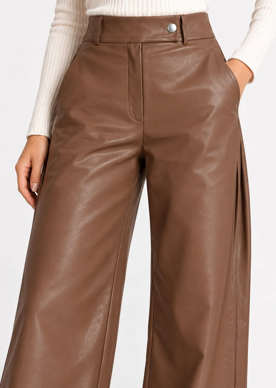 Coffee Brown Faux Leather Wide-Leg Pants