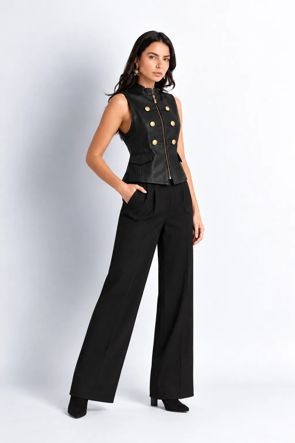 Black Faux Leather Military Vest