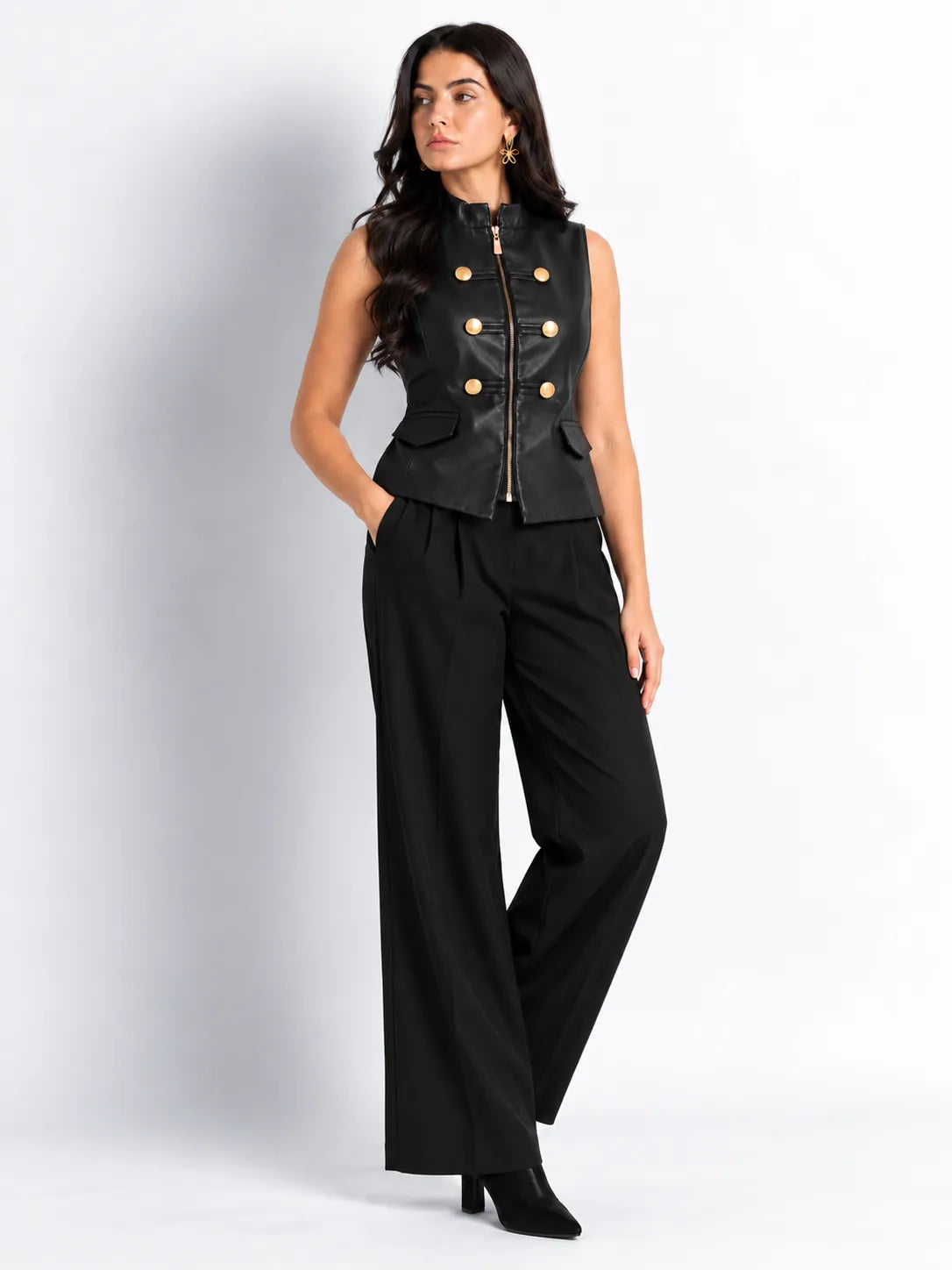 Black Faux Leather Military Vest