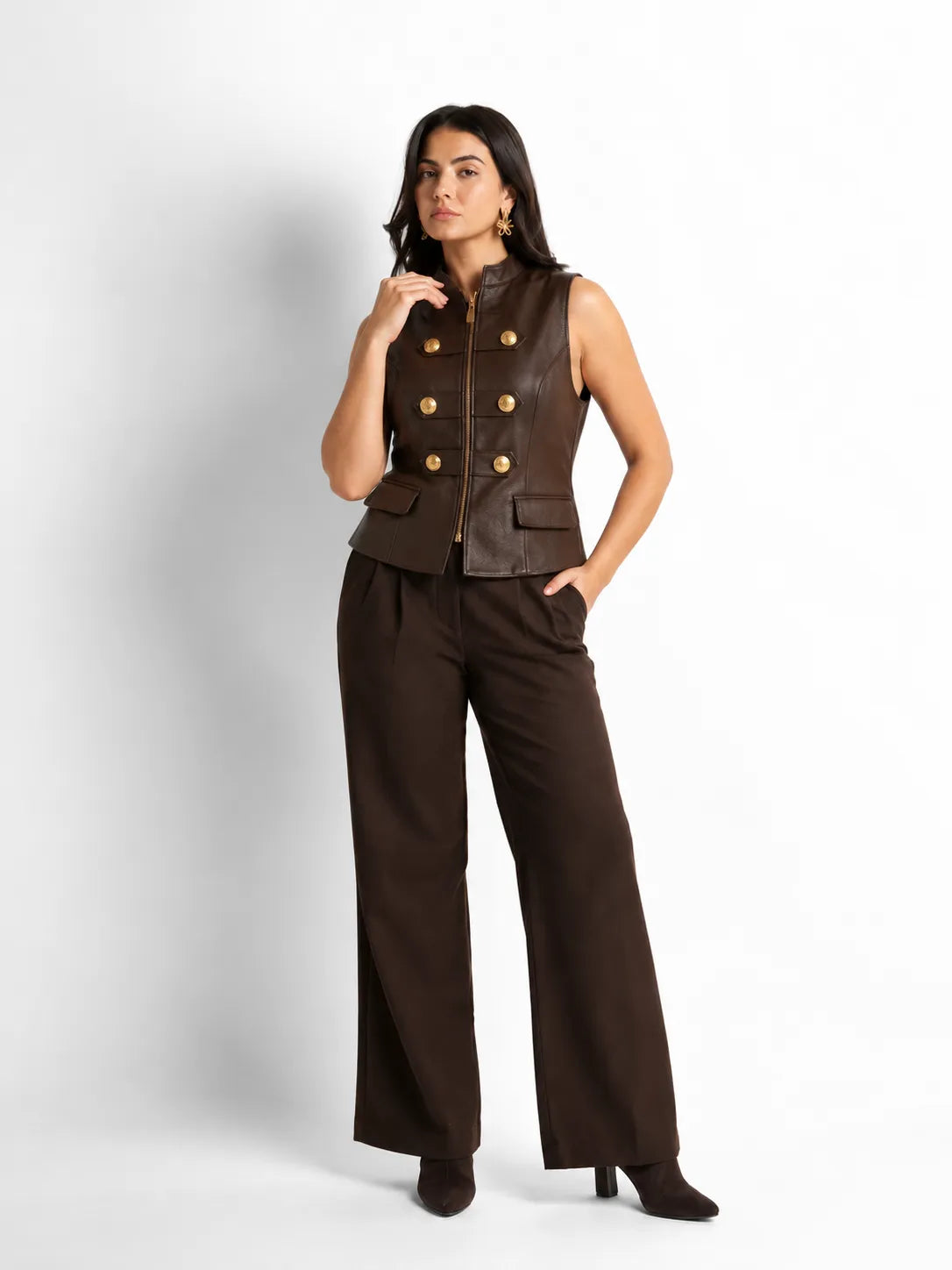 Dark Brown Faux Leather Military Vest