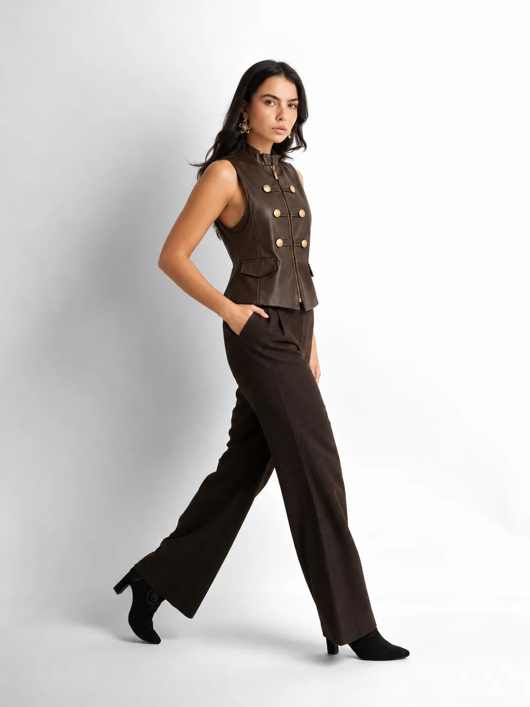 Dark Brown Faux Leather Military Vest