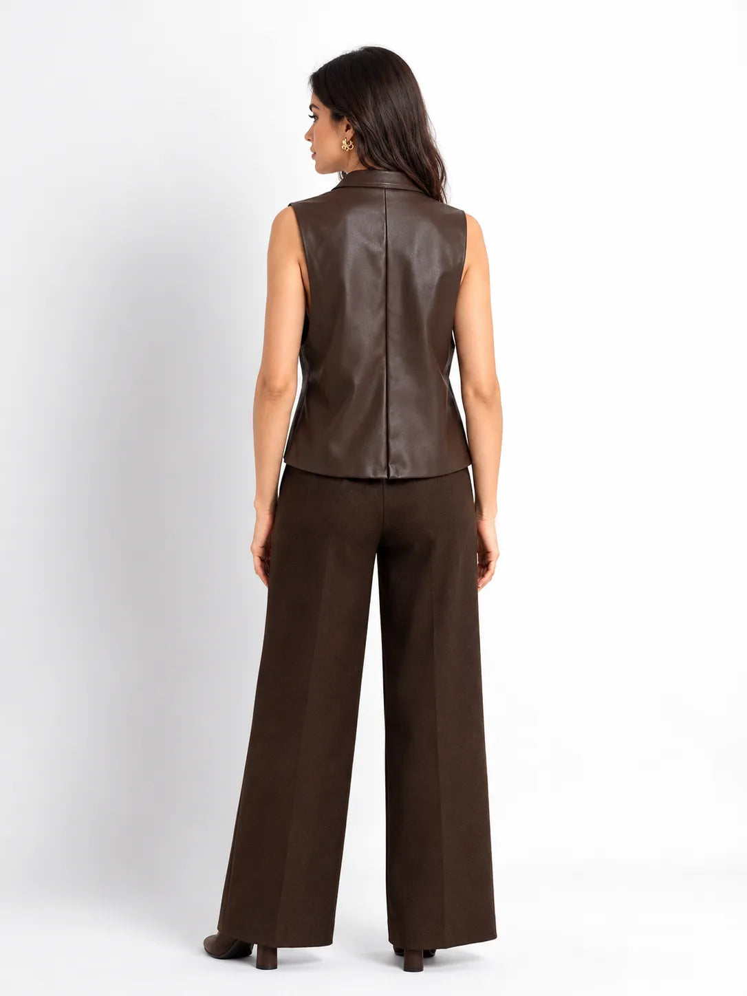 Dark Brown Faux Leather Military Vest