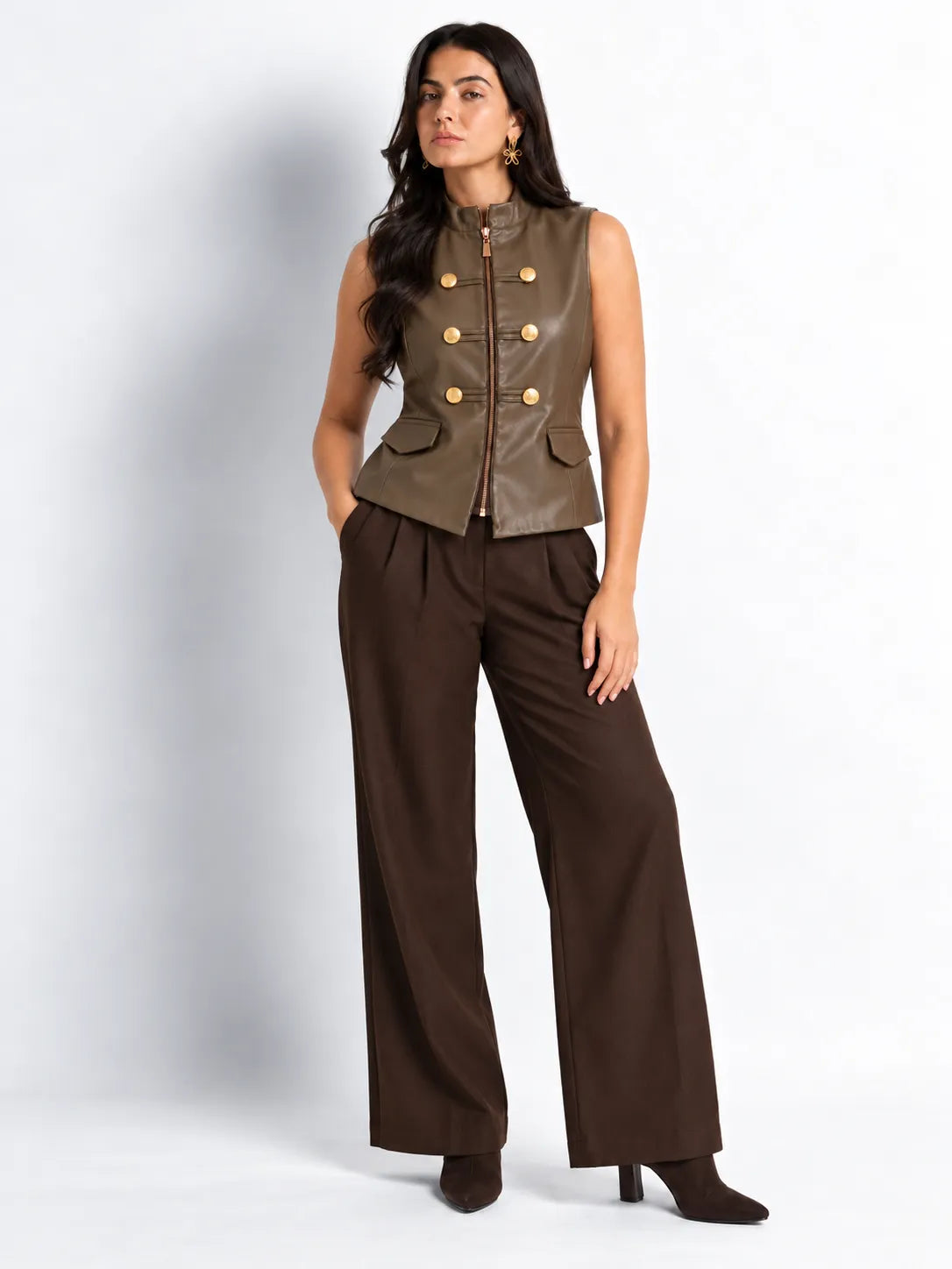 Coffee Brown Faux Leather Military Vest