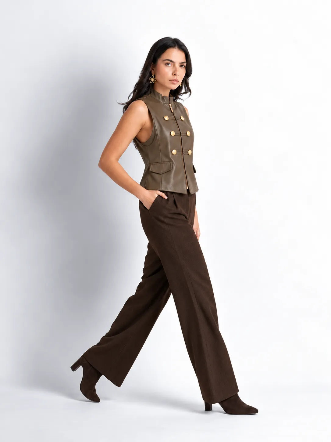 Coffee Brown Faux Leather Military Vest