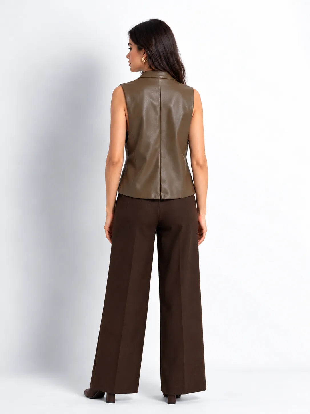 Coffee Brown Faux Leather Military Vest