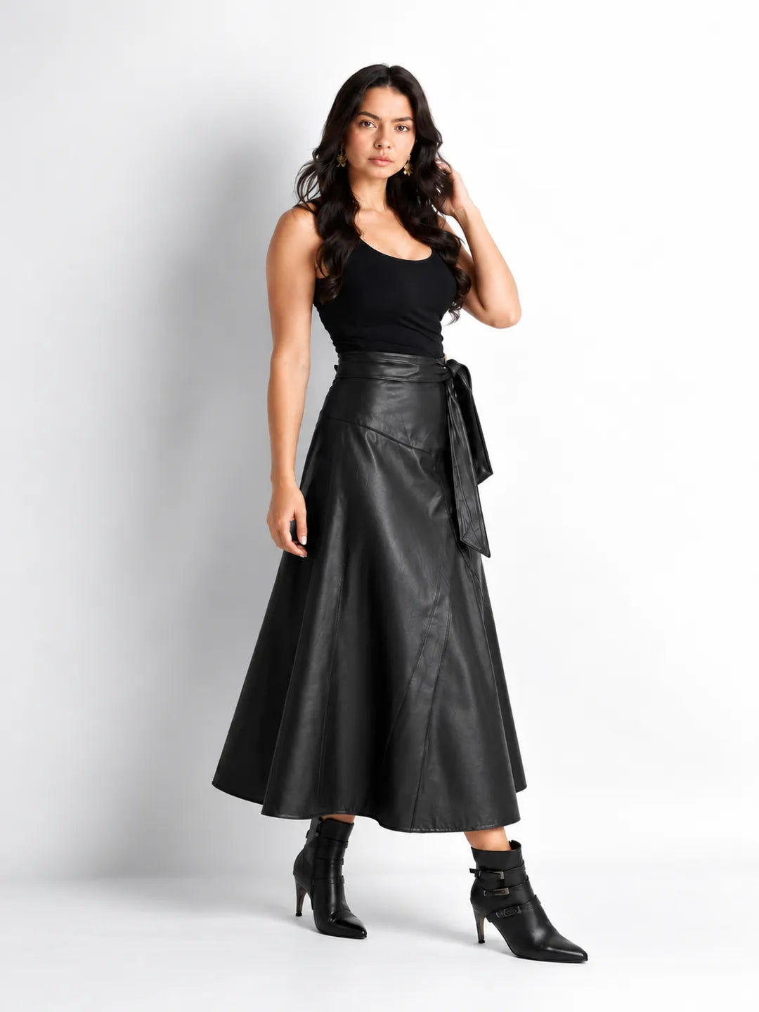 Black Faux Leather Wrap Midi Skirt