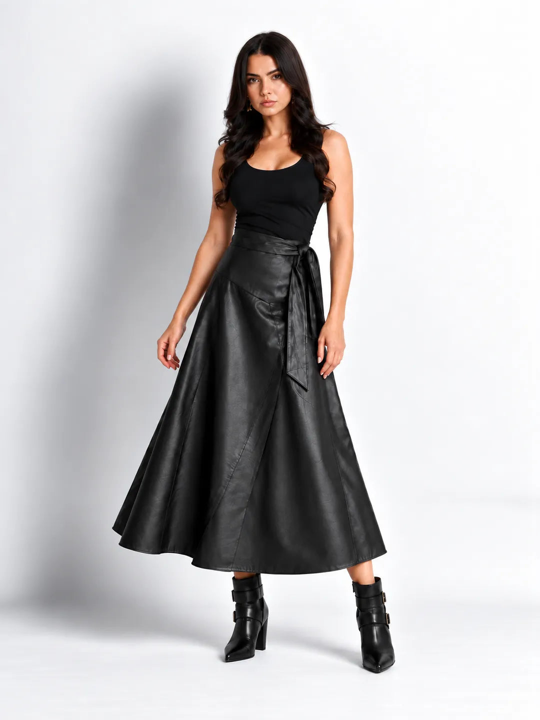 Black Faux Leather Wrap Midi Skirt