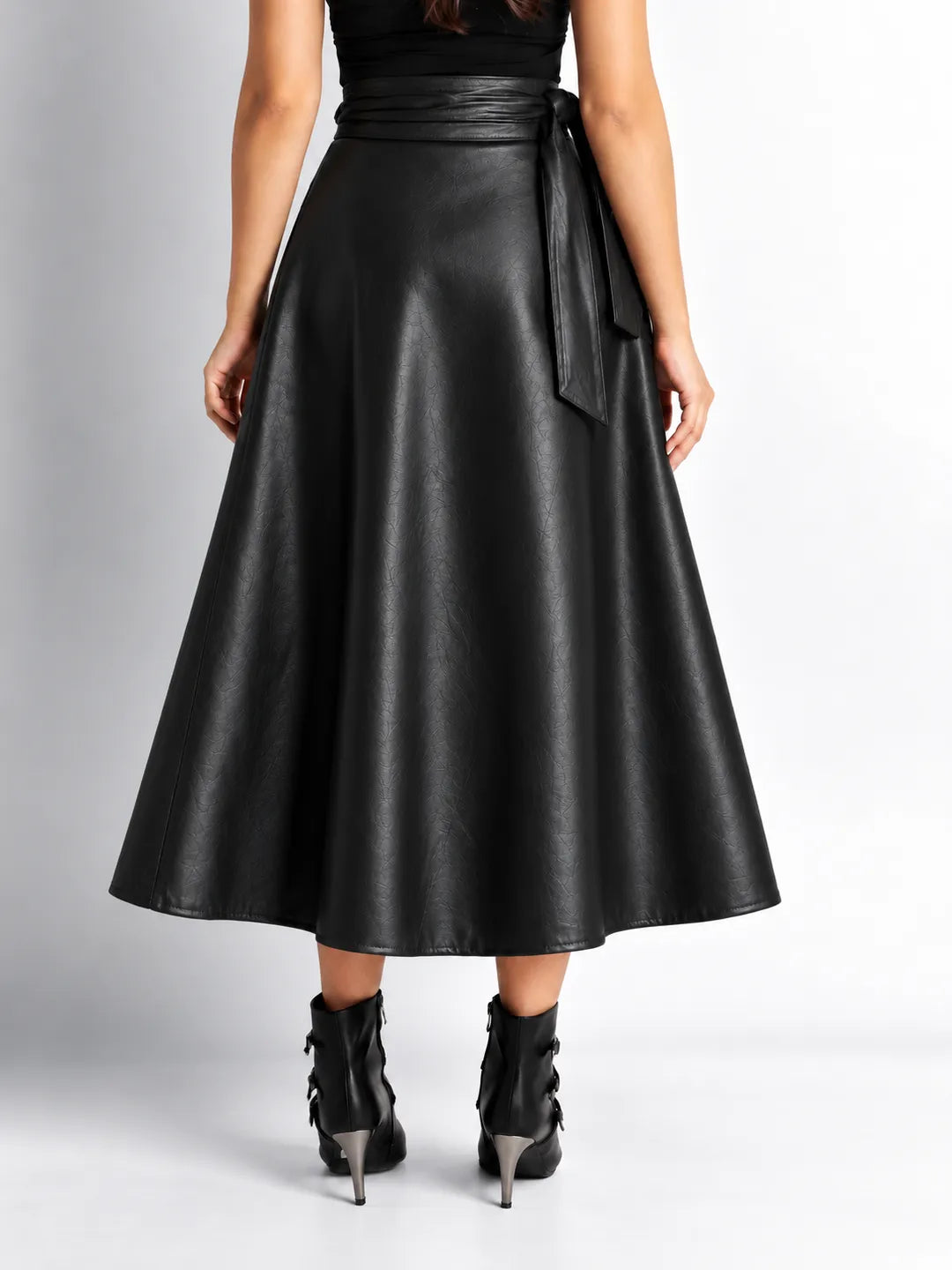 Black Faux Leather Wrap Midi Skirt