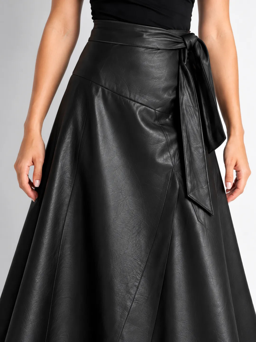 Black Faux Leather Wrap Midi Skirt