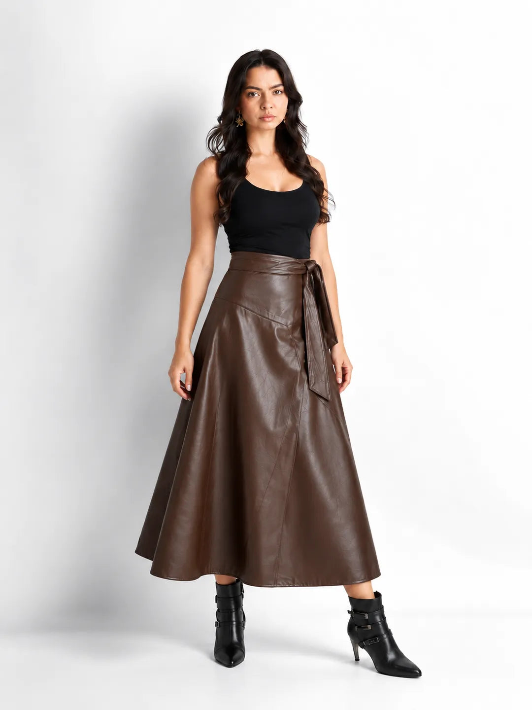 Dark Brown Faux Leather Wrap Midi Skirt