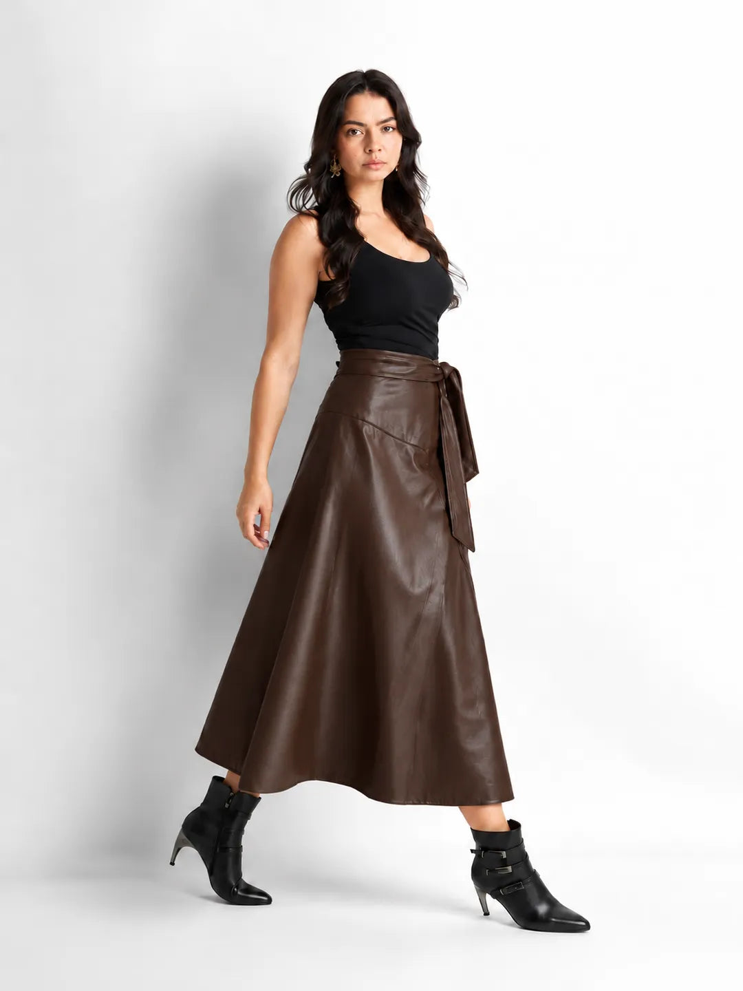 Dark Brown Faux Leather Wrap Midi Skirt
