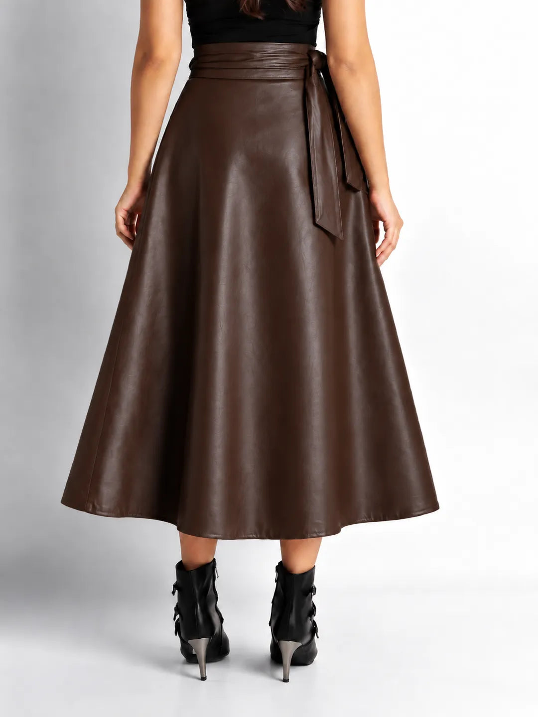 Dark Brown Faux Leather Wrap Midi Skirt