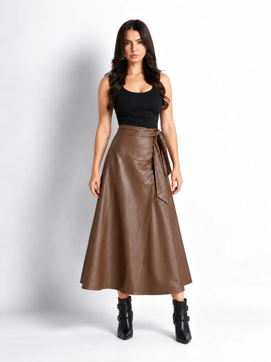 Coffee Brown Faux Leather Wrap Midi Skirt