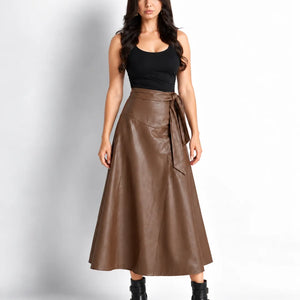 Coffee Brown Faux Leather Wrap Midi Skirt