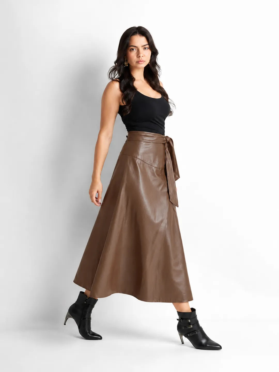 Coffee Brown Faux Leather Wrap Midi Skirt