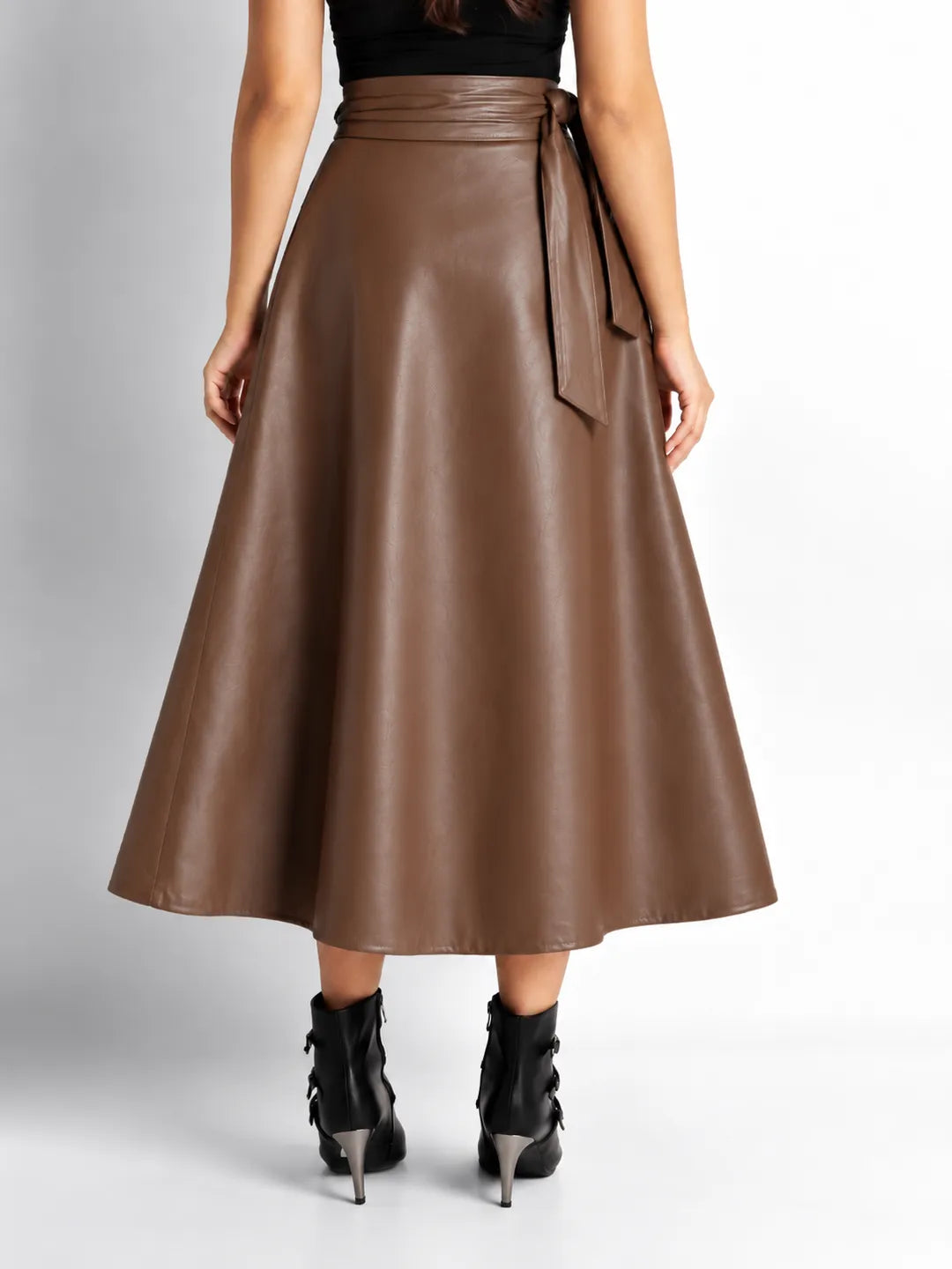 Coffee Brown Faux Leather Wrap Midi Skirt