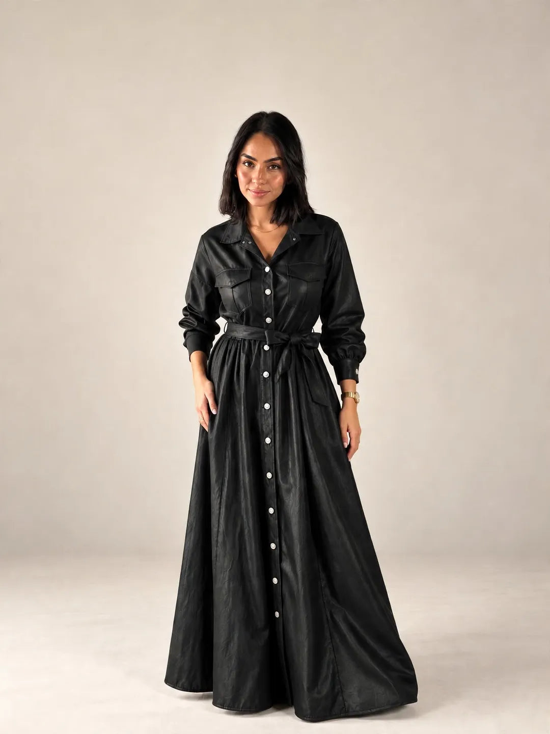 Black Faux Leather Belted Maxi Dress