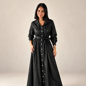 Black Faux Leather Belted Maxi Dress