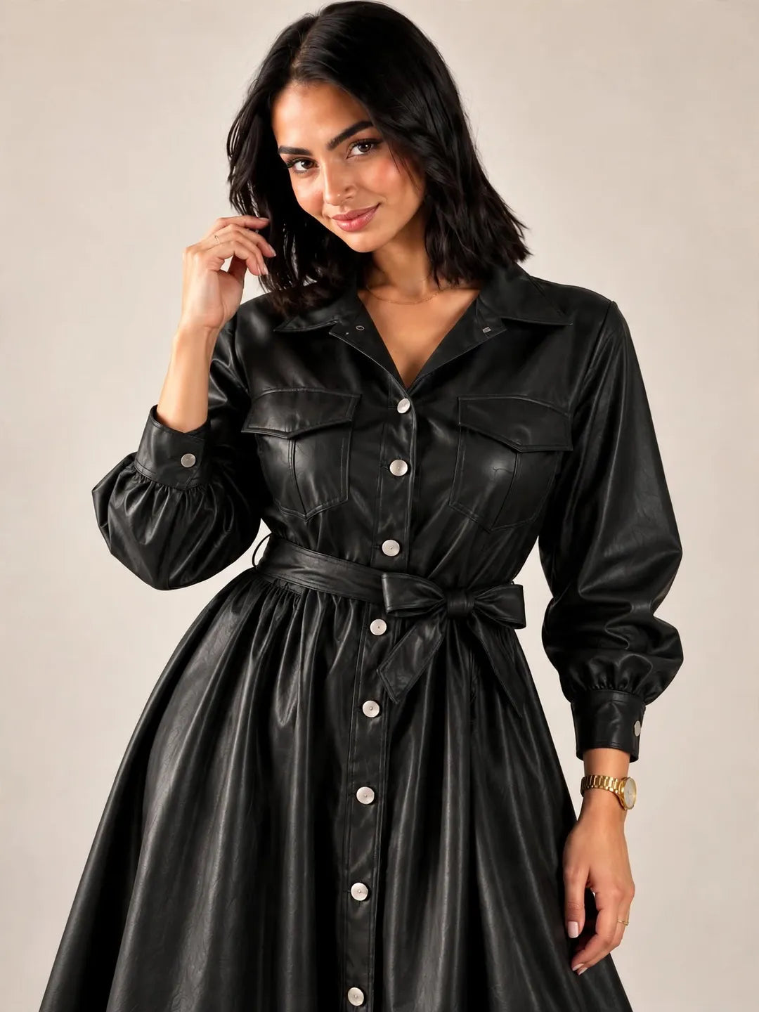 Black Faux Leather Belted Maxi Dress