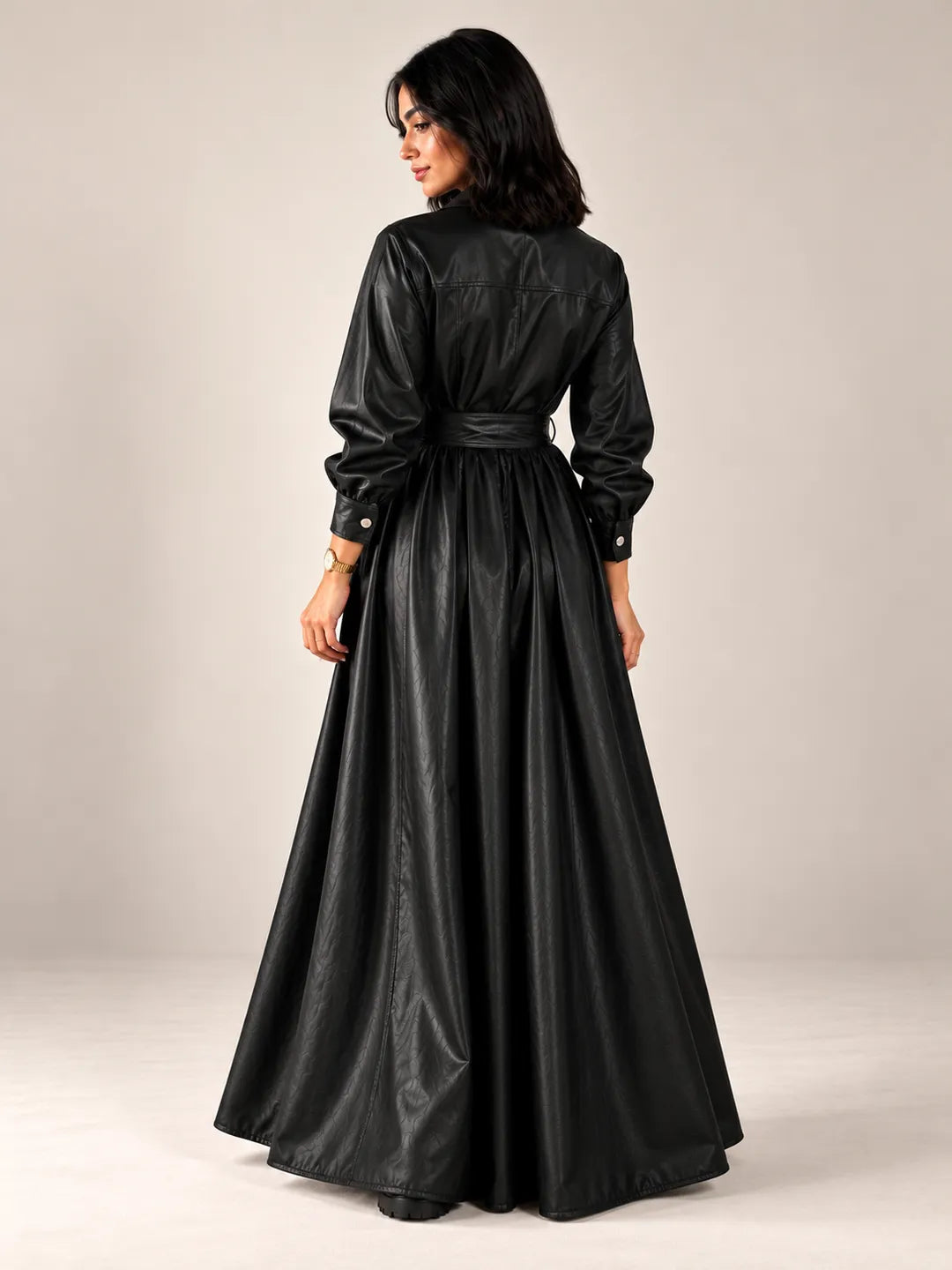 Black Faux Leather Belted Maxi Dress