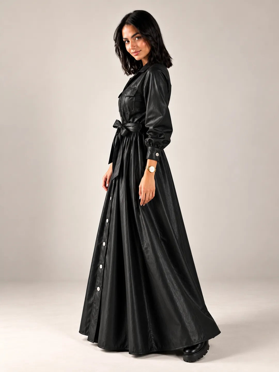 Black Faux Leather Belted Maxi Dress