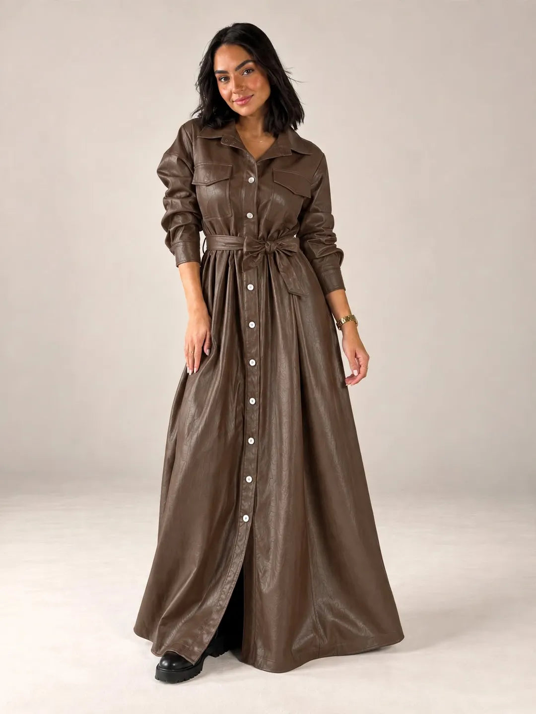 Brown Faux Leather Belted Maxi Dress