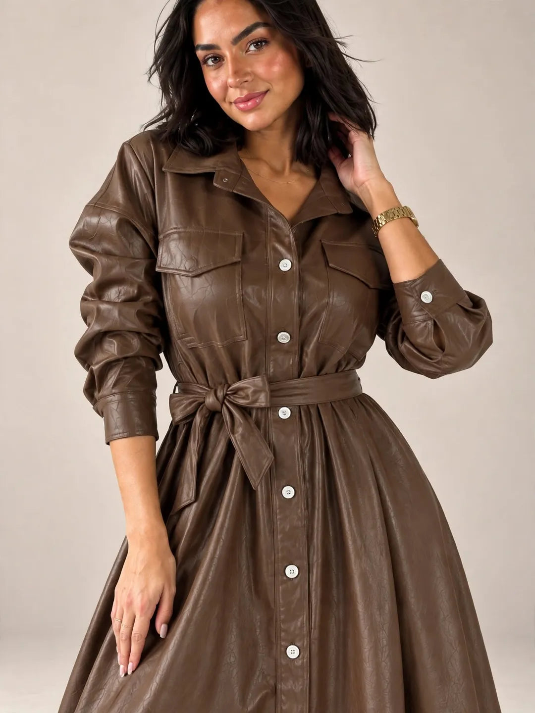 Brown Faux Leather Belted Maxi Dress
