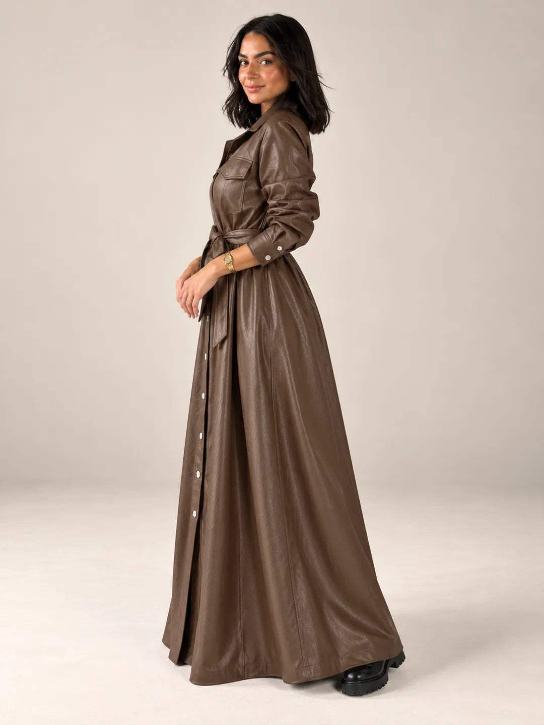 Brown Faux Leather Belted Maxi Dress