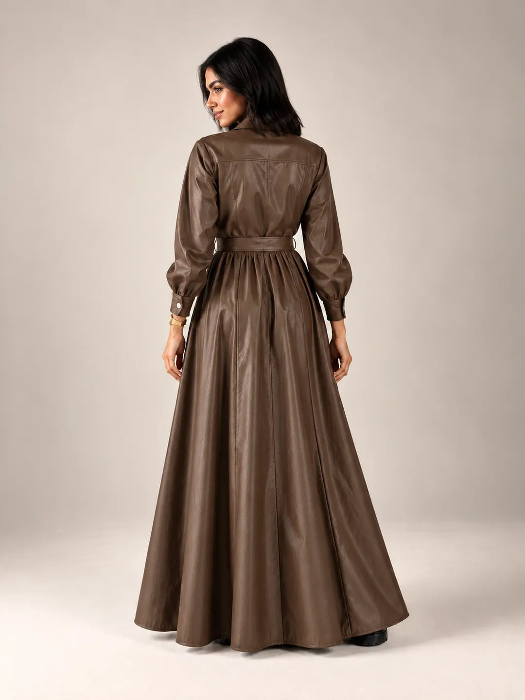 Brown Faux Leather Belted Maxi Dress