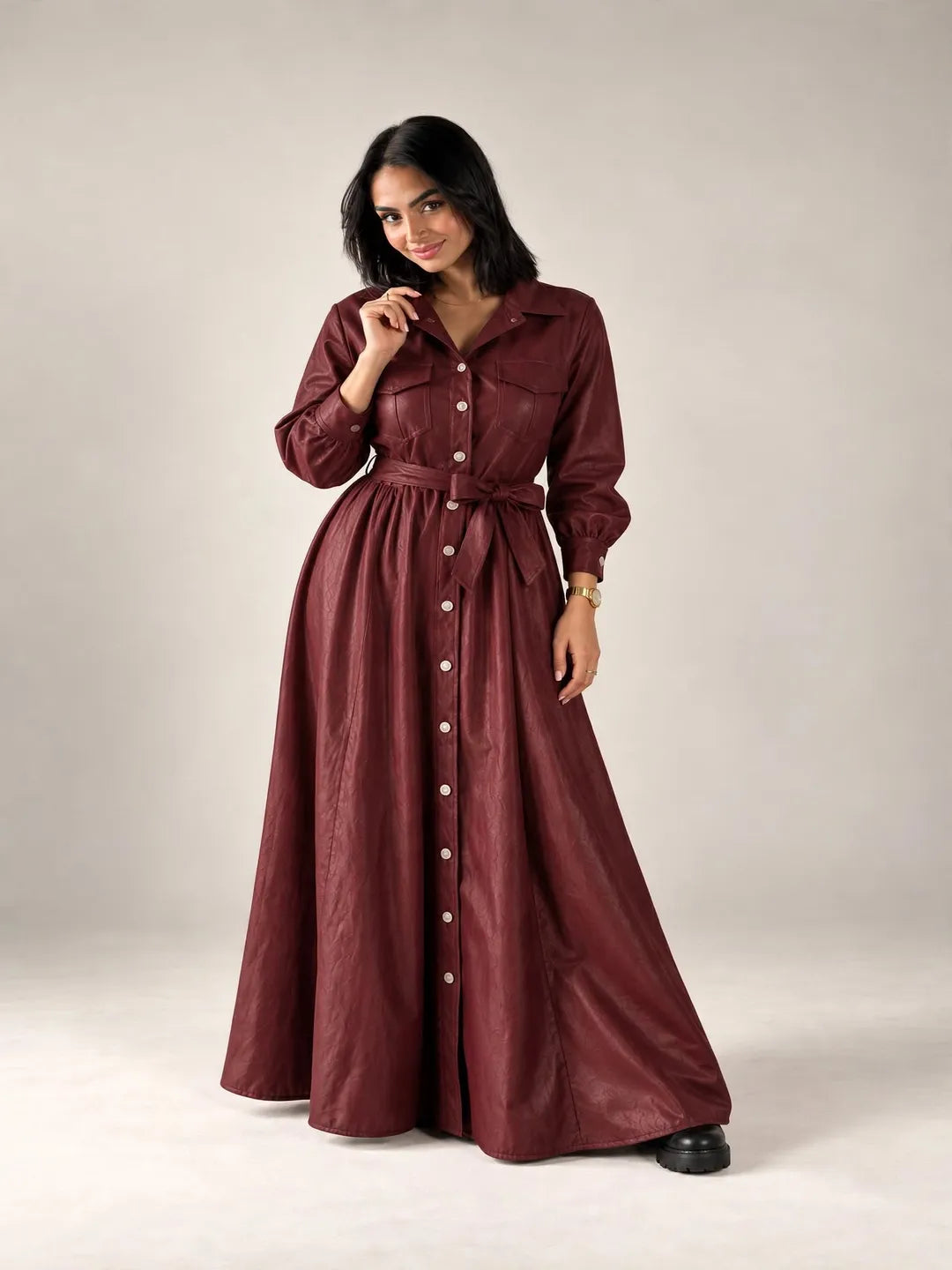 Burgundy Faux Leather Belted Maxi Dress