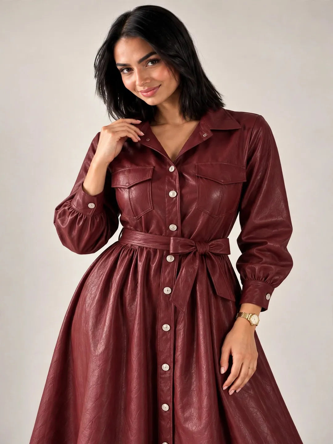 Burgundy Faux Leather Belted Maxi Dress