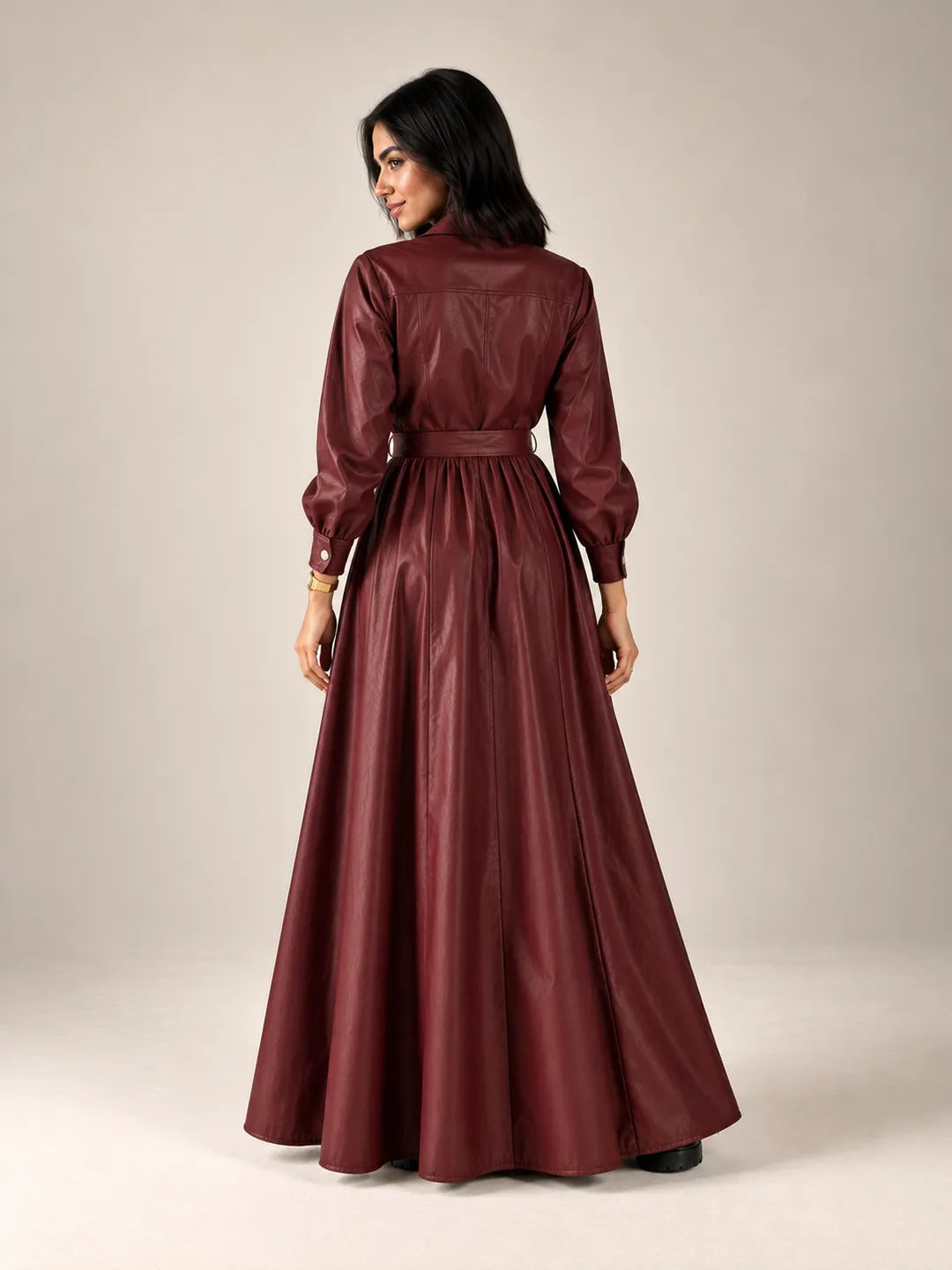 Burgundy Faux Leather Belted Maxi Dress