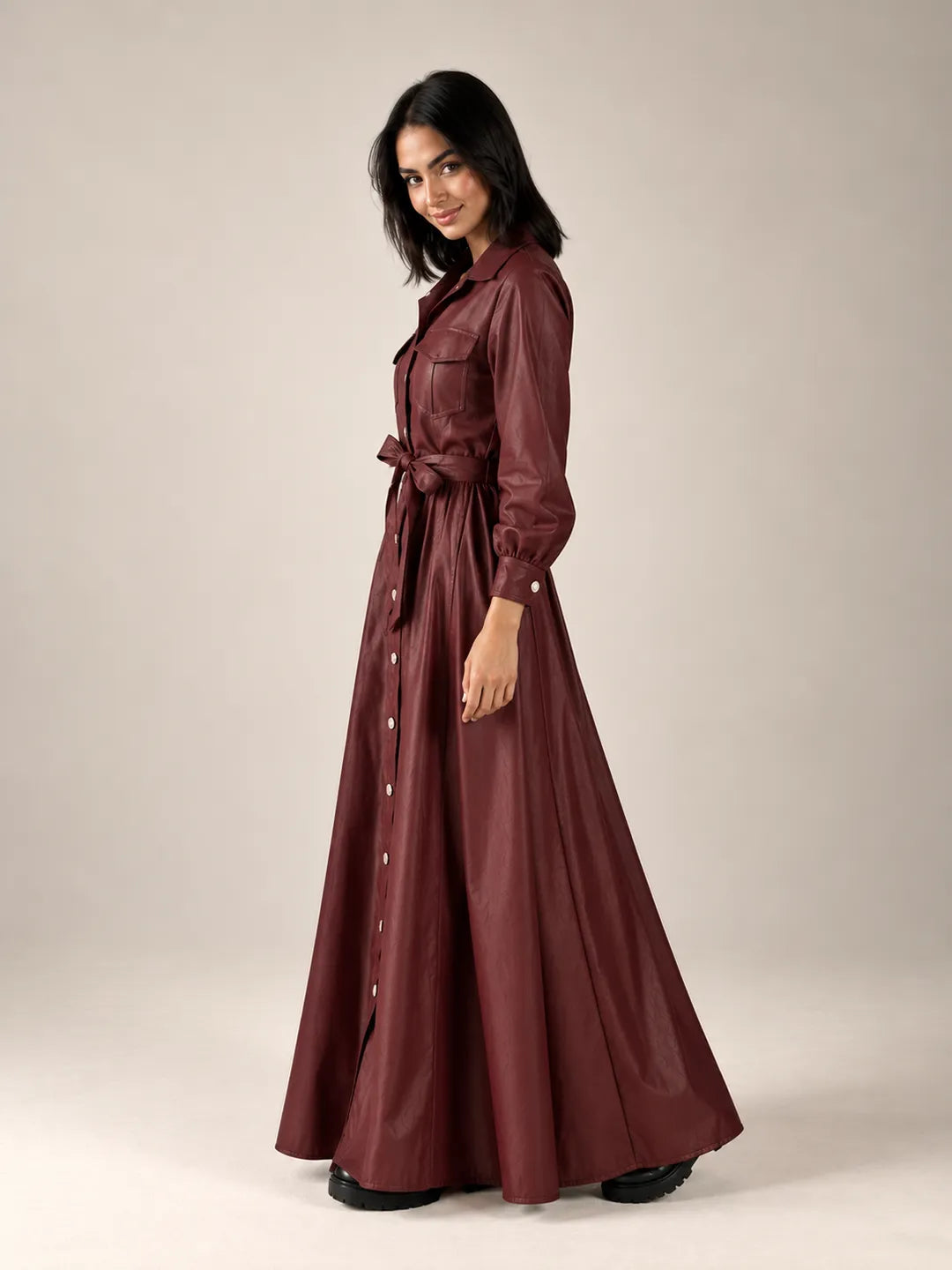 Burgundy Faux Leather Belted Maxi Dress