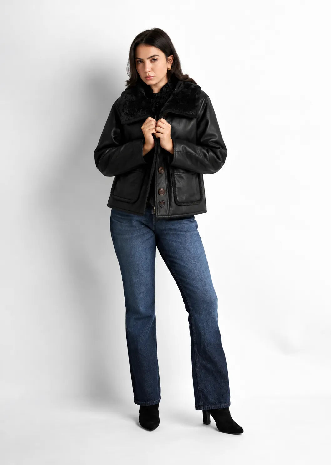 Black Faux Leather Fur Collar Jacket