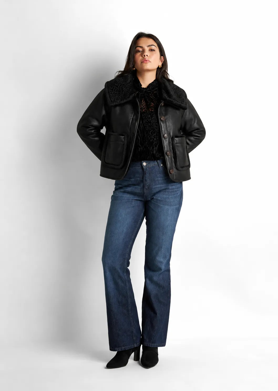 Black Faux Leather Fur Collar Jacket
