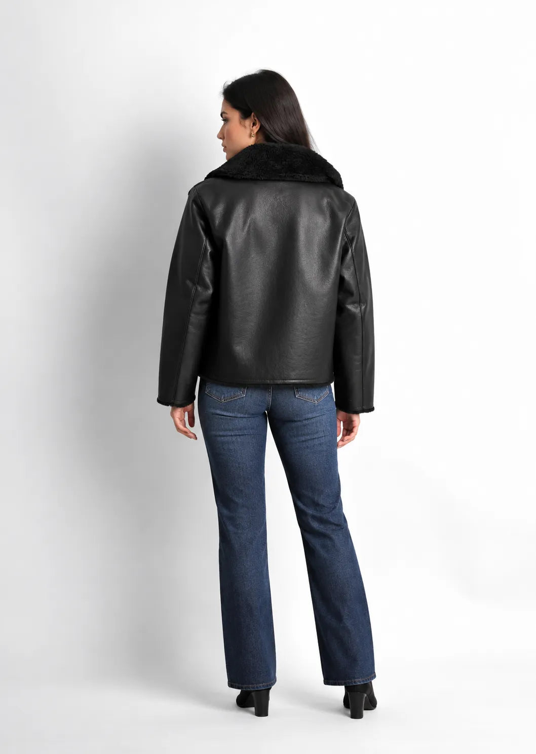Black Faux Leather Fur Collar Jacket
