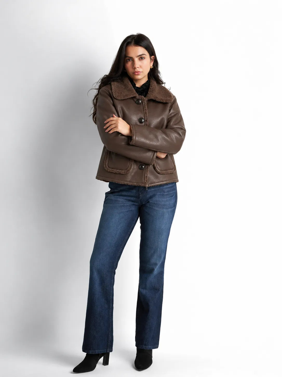 Brown Faux Leather Fur Collar Jacket