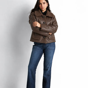 Brown Faux Leather Fur Collar Jacket