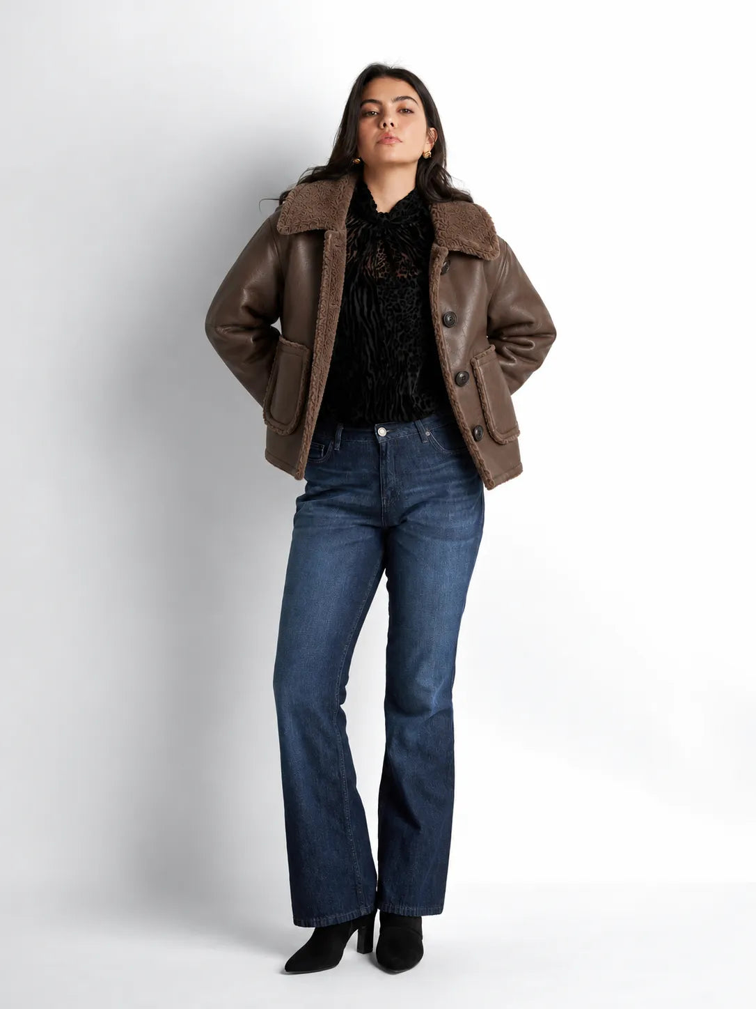 Brown Faux Leather Fur Collar Jacket