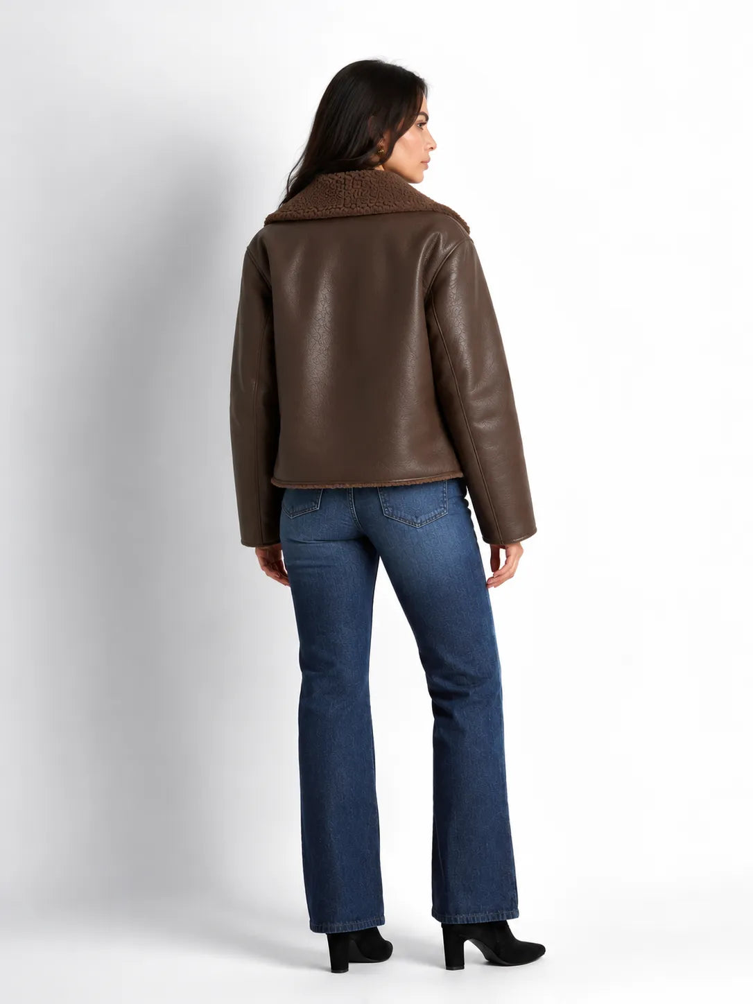 Brown Faux Leather Fur Collar Jacket