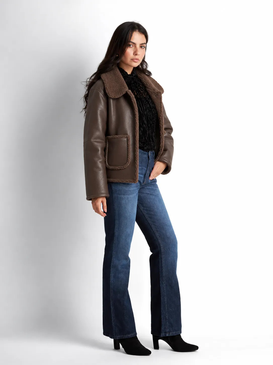 Brown Faux Leather Fur Collar Jacket