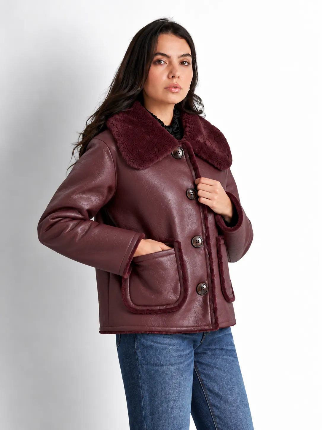 Burgundy Faux Leather Fur Collar Jacket
