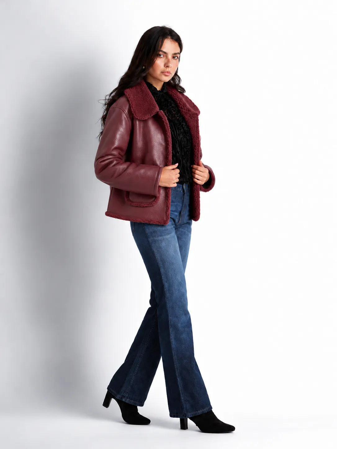 Burgundy Faux Leather Fur Collar Jacket