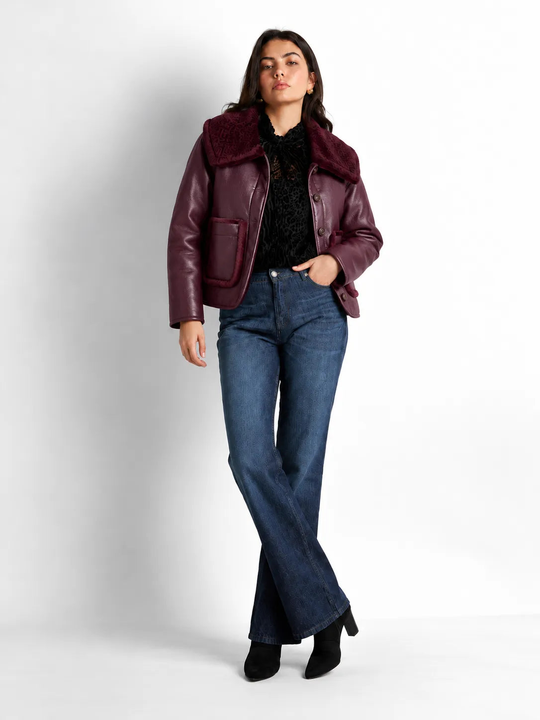 Burgundy Faux Leather Fur Collar Jacket