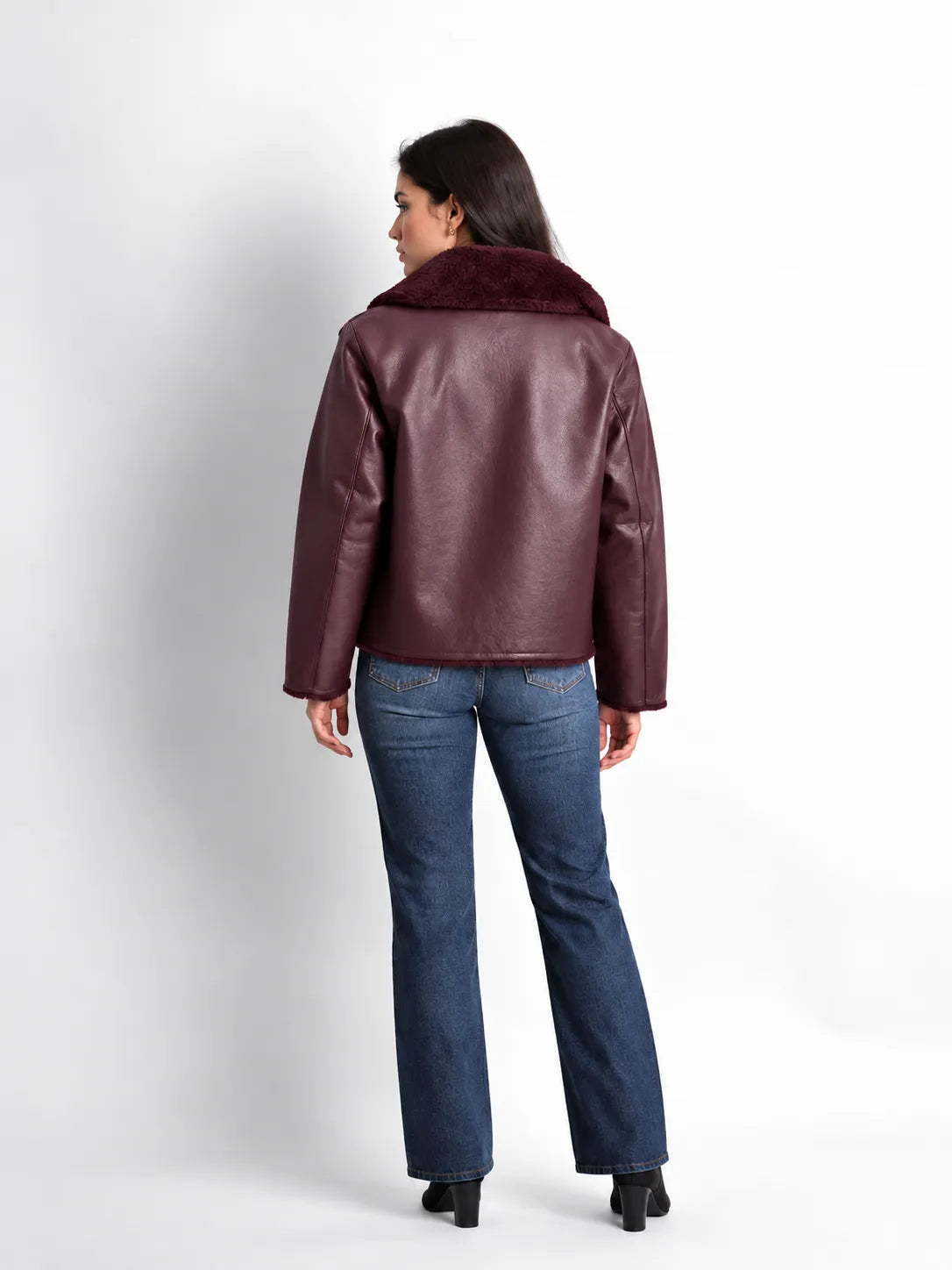 Burgundy Faux Leather Fur Collar Jacket