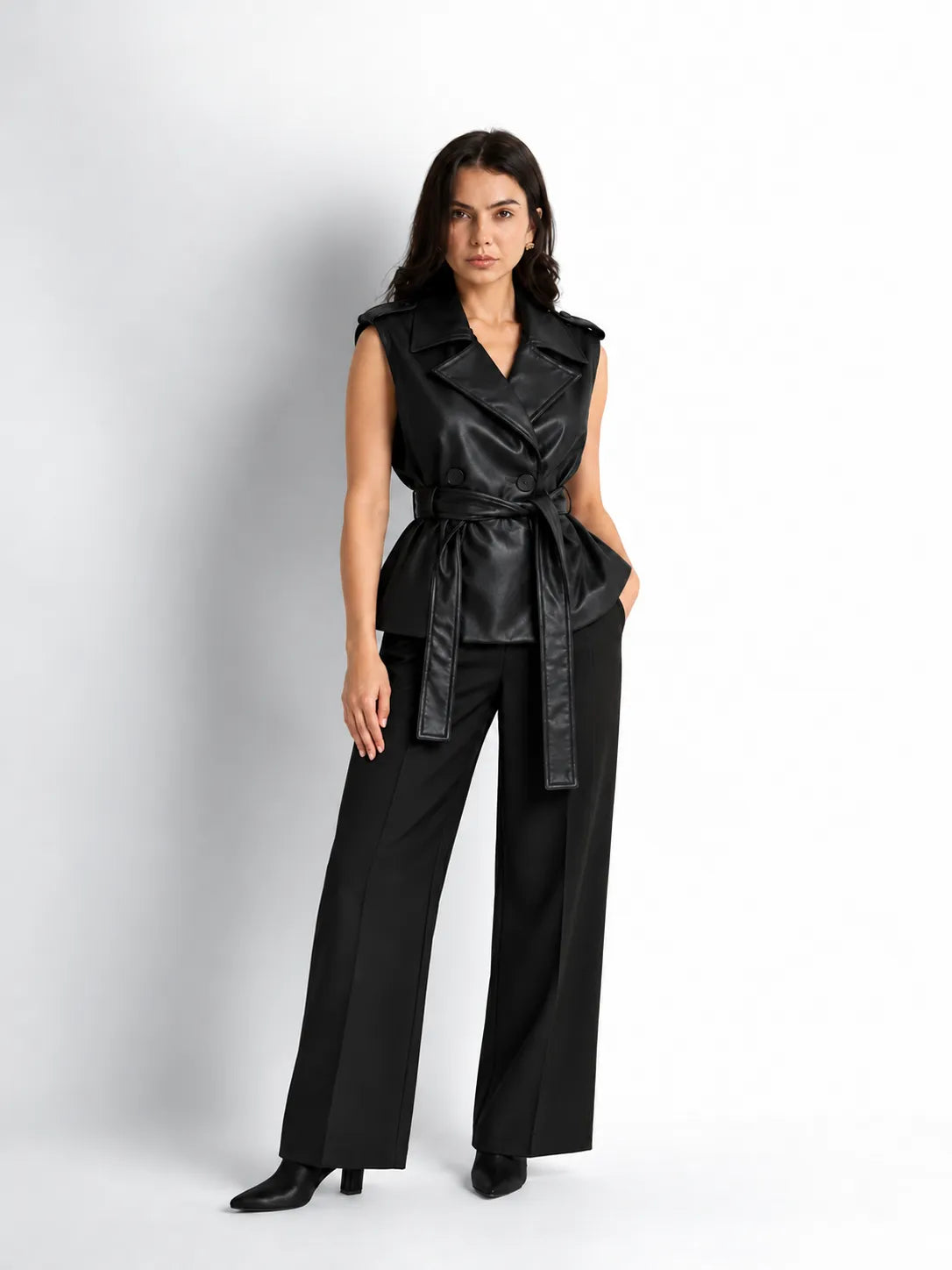 Black Faux Leather Belted Vest